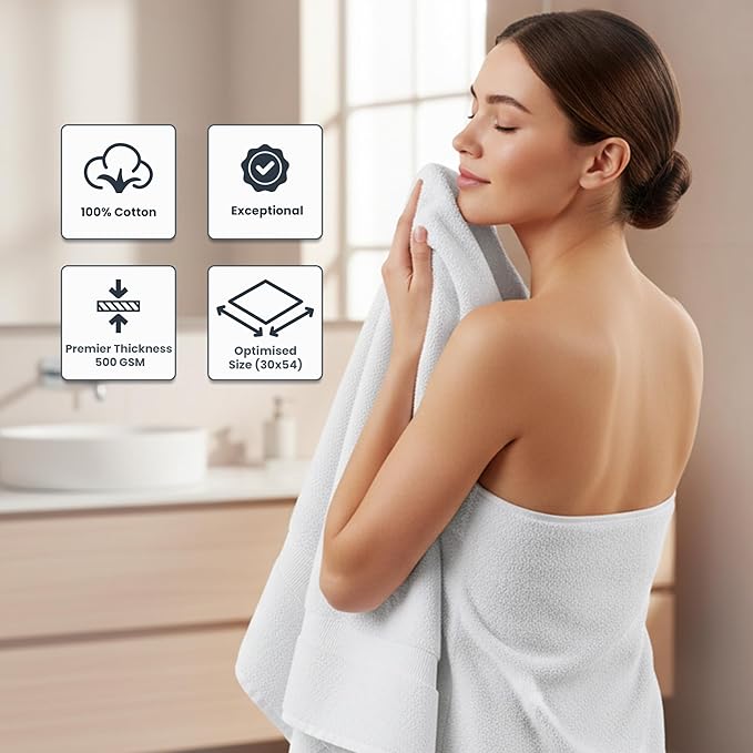 500 GSM 100% Cotton White 3-Pcs Bath Towel Set | Ultra Soft Highly Absorbent Bathroom Towels | Quick Dry Long Lasting Hotel Spa Quality for Home & Gym