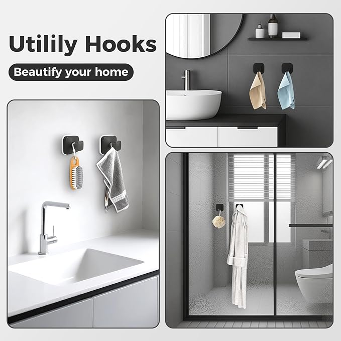 Shower Hooks for Inside Shower,Reusable Suction Cup Hooks for Glass Window,Mirror,Removable Towel Hooks for Bathroom,2 Pack(Black)