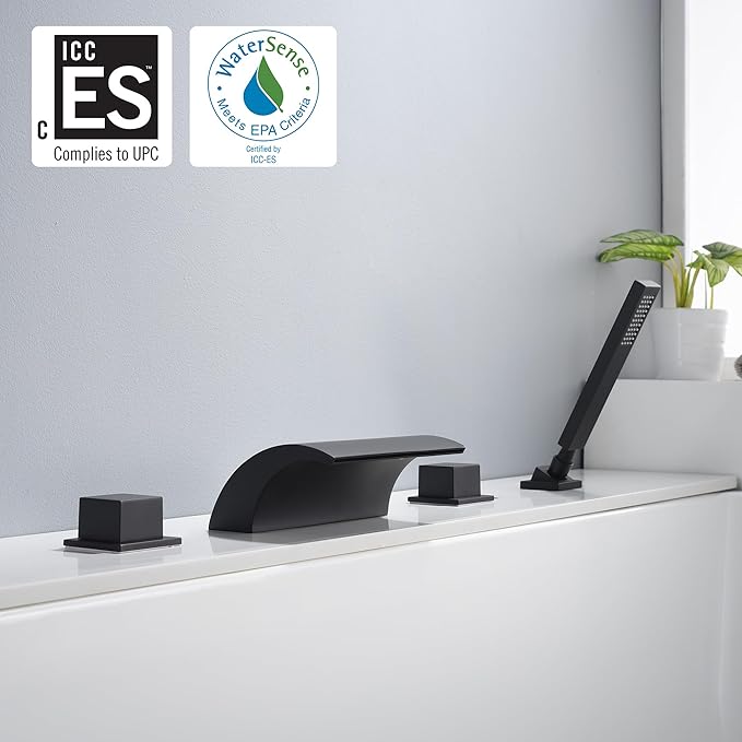 sumerain Black Roman Tub Faucet Waterfall Bathtub Faucet With Hand Shower, High Flow Rate