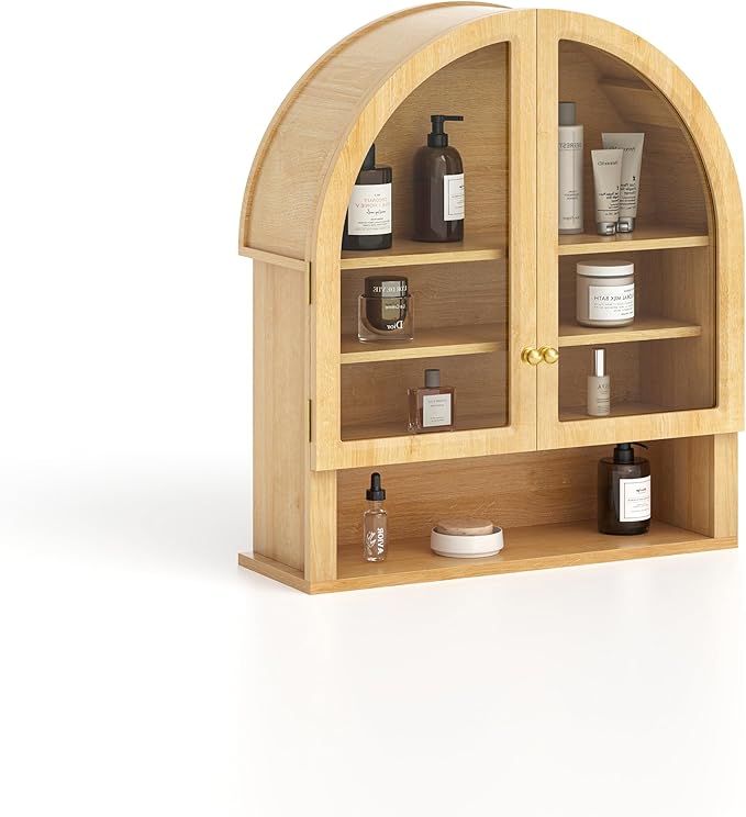 Large Arched Wall Cabinet with Acrylic Door, Large Wooden Wall Mounted Bathroom Cabinet, Modern Hanging Medicine Cabinet with Adjustable Shelf and Open Shelf, Natural Oak