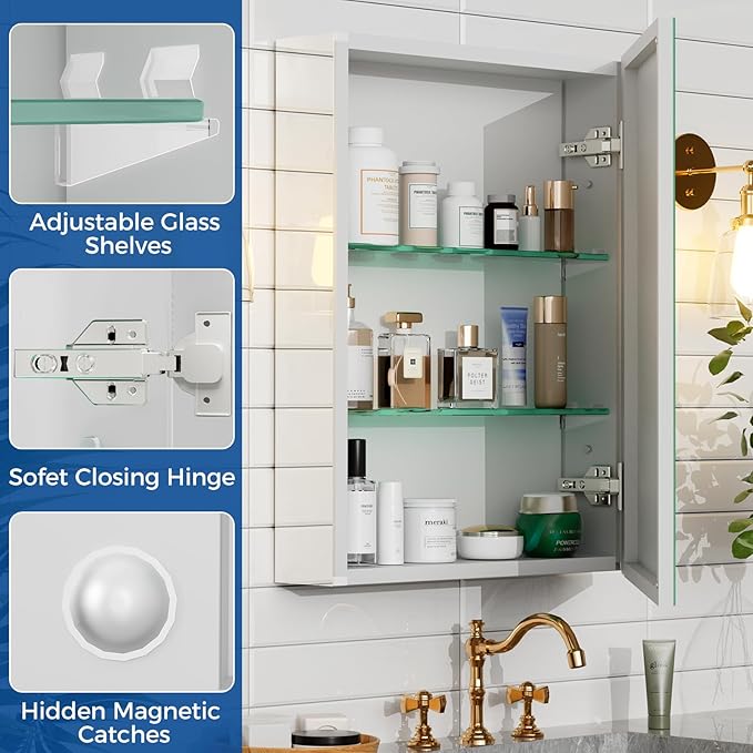 Bathroom Medicine Cabinet with Mirror, 20x26 Recessed or Wall Mirror Medicine Cabinet with Storage Adjustable Glass Shelves, Beveled Edge Mirrored Door with Aluminum Cabinet Hinges
