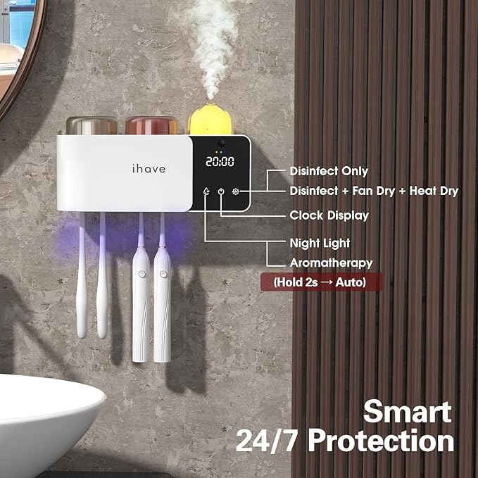 iHave Toothbrush Holders with UV Toothbrush Sanitizer, Aromatherapy Diffuser & IR Night Light - 4-Hour Smart Cruise Disinfection, Auxiliary Combo Drying - Wall-Mounted Bathroom Organizer with 2 Cups