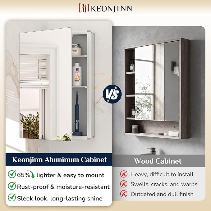 Keonjinn 48 x 32 Inch Oversized Medicine Cabinet for Bathroom with Mirror, Assembly Required, Silver Aluminum Structure, Free Adjustable Shelves, Combined Recessed or Surface Mount Wall Cabinet