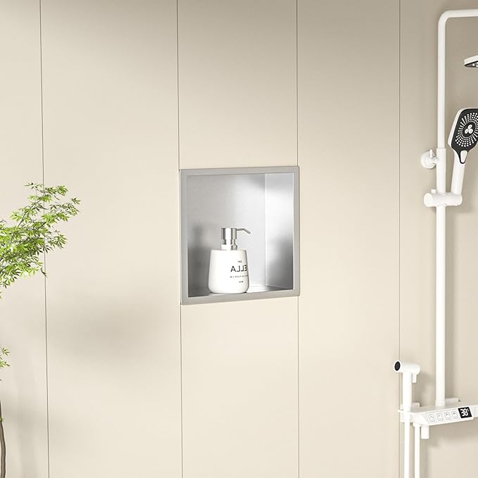 Stainless Steel Shower Niche 12" X 12" Brushed No Tile Needed Niche Shower Recessed Wall Niches for Bathroom Storage Over Mount Installation