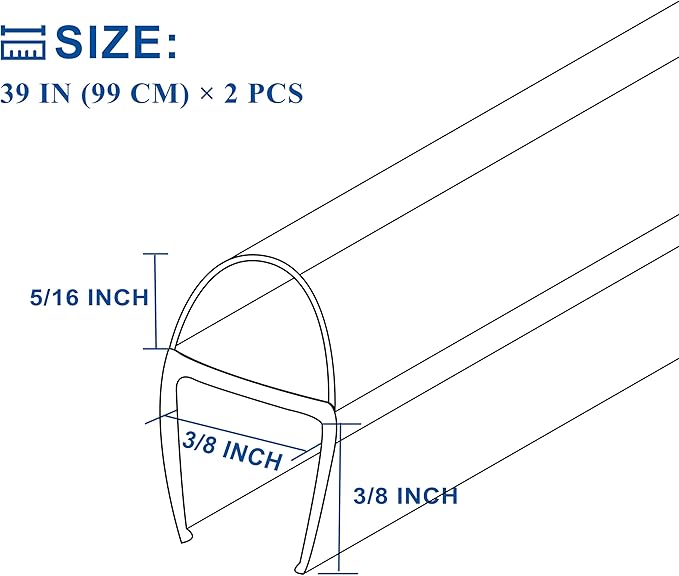 Frameless Shower Door Seal Strip 2 Pack x 39 Inch U for 3/8" Thick Glass Shower Door Side Seal Strip Bottom Seal Door Sweep Ultra Clear Polycarbonate, Stop Shower Leaks Create A Water Barrier