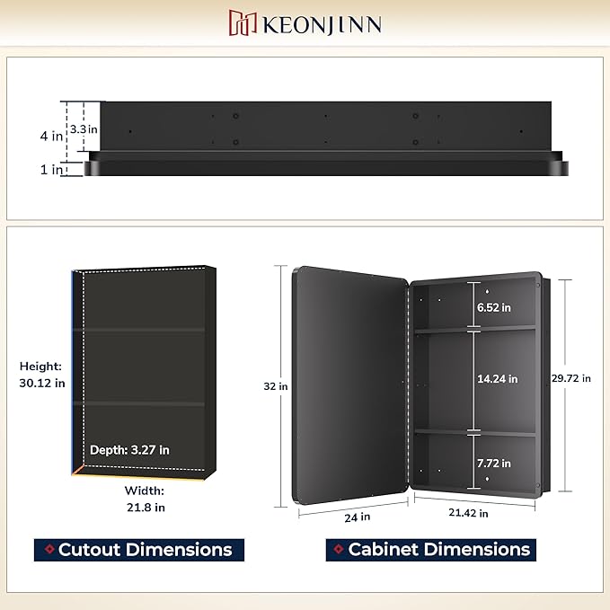 Keonjinn 24 x 32 Inch Chrome Recessed Medicine Cabinets, Bathroom Mirrored Medicine Cabinet, Silver Stainless Steel Framed, Adjustable Shelves, in Wall or Surface Mount, Sturdy & Heavy, Farmhouse
