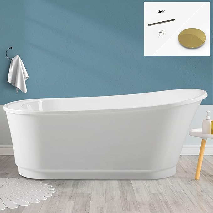 FerdY Langkawi 67" Acrylic Freestanding Bathtub, White Modern Stand Alone Soaking Bathtub, cUPC Certified, Polished Gold Drain and Minimalist Linear Design Overflow Included, Easy to Install, 02568T