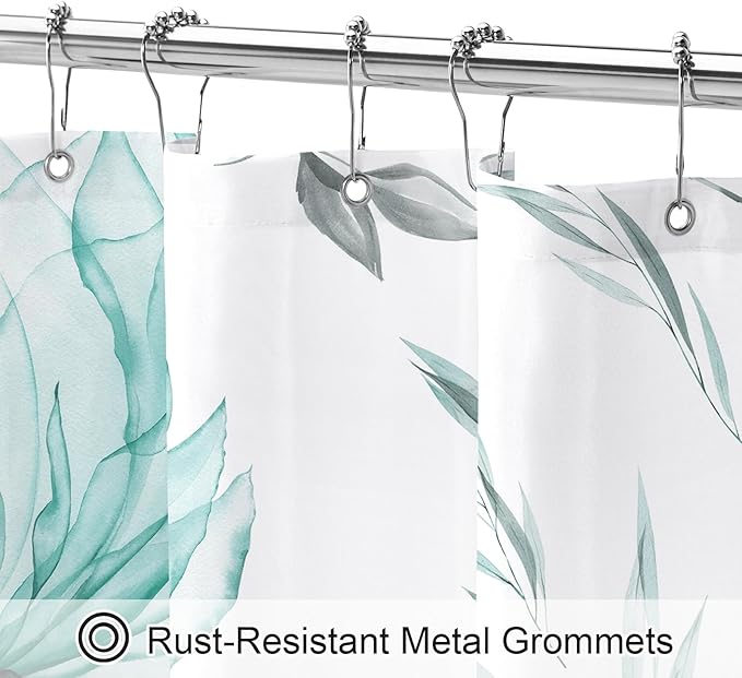 Teal Blue and Grey Boho Watercolor Floral Shower Curtain, Ink Painting Style Blossom & Leaf Shower Curtains for Chic Elegant Bathroom, Artistic Fabric Cloth Flower Shower Curtain, 72x72