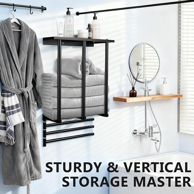 3-Tier Wall Mounted Towel Rack, Bathroom Storage Shelf with Towel Bar, Heavy-Duty Metal Organizer in Matte Black for Bathroom and Powder Room Storage and Organizer