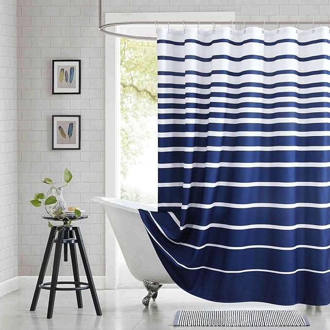 Extra Long Blue Shower Curtain, Modern Navy Blue and White Stripe Waterproof Polyester Shower Curtains for Bathroom, 72x84 Inches