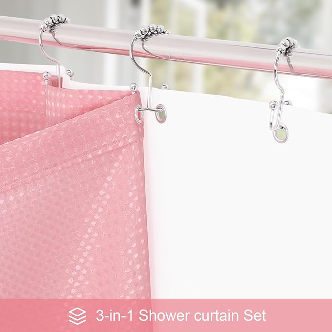 3 in 1 Long Pink Shower Curtain Set-72 W x 78 H, Modern Waffle and PEVA Liner Set with 12 Stainless Steel Hooks, Waterproof Fabric for Bathroom