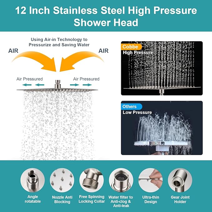Cobbe 12 Inch All Metal 3-Way Rain Shower Head, High Pressure Shower Head, Dual Shower Heads with Handheld Spray Combo - 9 Spray Filtered Shower Head, Brushed Nickel