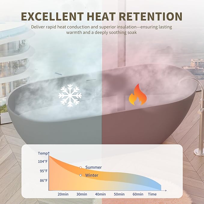 Abruzzo 59" Freestanding Bathtub Matte Grey - Solid Surface Stone Resin Soaking Tub with Overflow & Pop-Up Drain, cUPC Certified Easy Install Contemporary Bathtub for Modern Bathroom