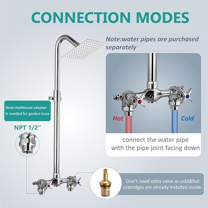 Aolemi Outdoor Shower Kit Fixtures 6 Inch Center with Adjustable Slide Bar,6 Inch Showerhead,2-Handle with Mix Valve,Polish Chrome