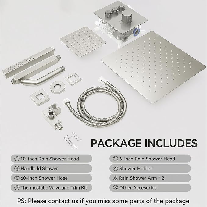 Shower Faucets Sets Brushed Nickel Shower System,12" Ceiling Rainfall Shower and 6" Wall Mount with 2 in 1 Handhled, Can Use All at Once, Thermostatic Shower Set with Valve and Trim Kit