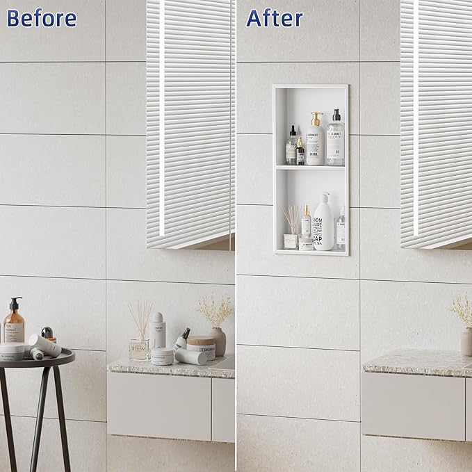 No Tile Needed Shower Niche - 304 Stainless Steel Recessed Bathroom Shelf, 2-Tier Waterproof Organizer (White, 24 Inches X 12 Inches, 2)