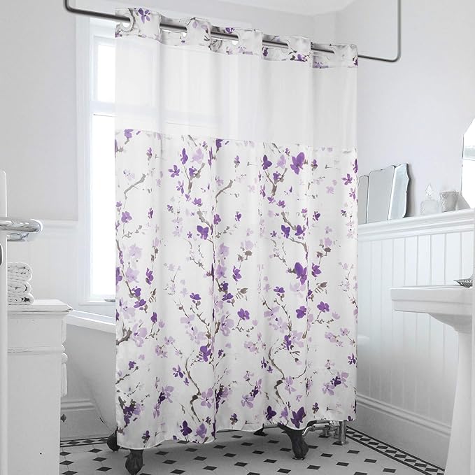 Lagute SnapHook Hook Free Shower Curtain with Snap-in Liner & See Through Top Window | Hotel Grade, Machine Washable | 71Wx74L, Purple Blossom