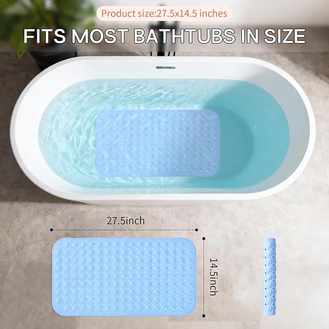 Anti-Slip Bathtub Shower mat, 27.5×14.5（Approximately 70×37cm） inch Soft Oversized Machine Washable Non-Slip Bathtub mat with Drainage Holes, Bathroom Floor Suction Cup.（1-Opaque Light Blue）