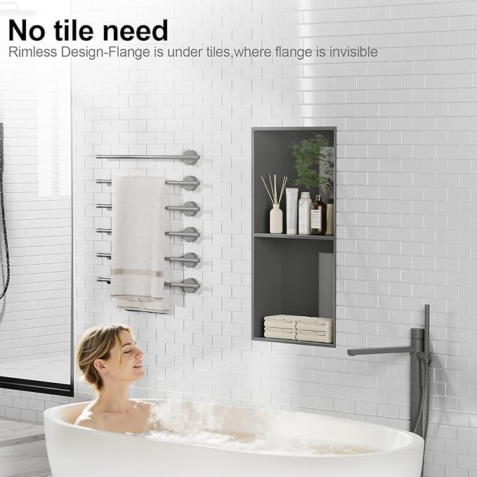 Bathbliss Shower Niche, No‑Tile Recessed Wall Niche, 11.18"x22.3" SUS304 Stainless Steel Double Shelf, Leak‑Proof Waterproof for Bathroom Storage, Grey Shower Niche