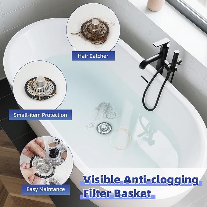 Metal 2 Pack Bathtub Drain Stopper with Top Hair Catcher, Innovative 3 in 1 Pop-up Bathtub Strainer, Tub Stopper with Detachable Stainless Steel Filter Basket for Standard 1.5 to 2.4'' Drain, Chrome