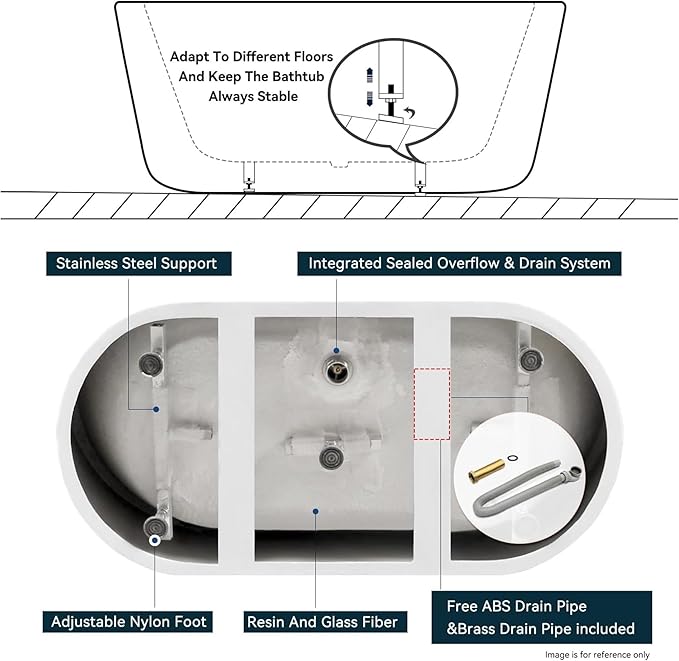 FerdY Shangri-La 55" Acrylic Freestanding Bathtub, Small Classic Oval Shape Acrylic Soaking Bathtub with Brushed Nickel Drain & Minimalist Linear Design Overflow, Modern White, cUPC Certified