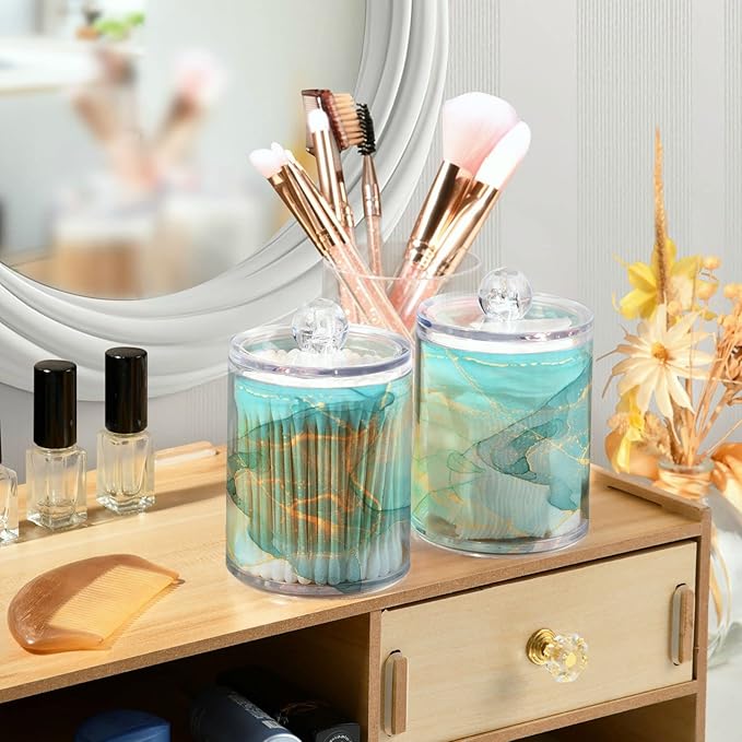 MNSRUU 4 Pack Qtip Holder Organizer Dispenser Modern Art Marble Teal Bathroom Containers Bathroom Vanity Storage Canister Apothecary Jars for Cotton Swabs/Pads/Floss