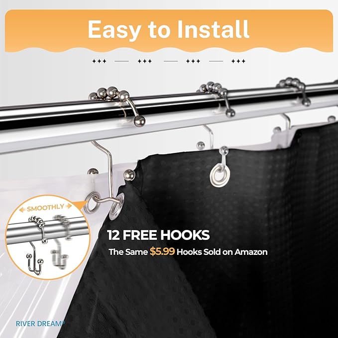 River Dream 3 in 1 Shower Curtain Set, Waffle Fabric Shower Curtain and Waterproof Clear Liner Set with Double Sided Metal Hooks, Black, 72" W*78" H