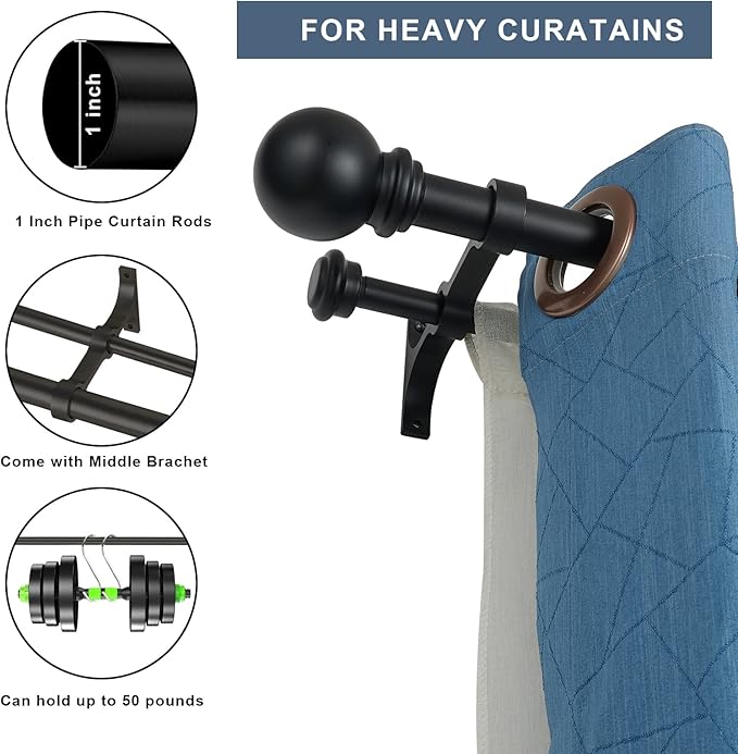Double Curtain Rod 84 to 120 inch, Adjustable 1 inch Double Drapery Rod Rods for Windows and Doors with Ball Round Finials and Premium Aluminum Brackets Set (84-120",Matte Black)
