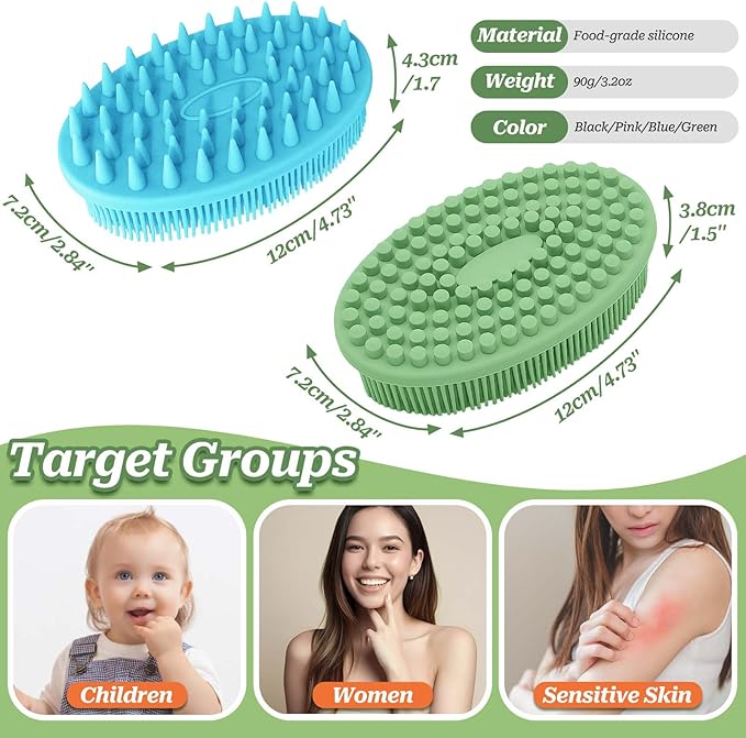 Soft Silicone Body Scrubber 2PCS, Dual-Side Silicone Loofah for Shower, Gentle Loofa Alternative, Replaceable Brush Head to be Used Alone or with Long Handle (Blackx2)