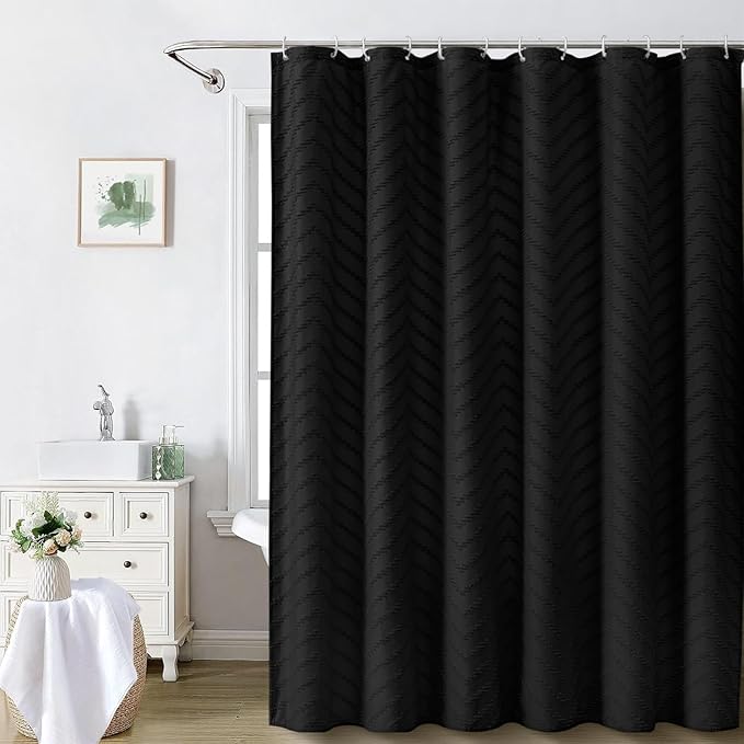 Extra Long Black Boho Shower Curtain 96 Inch Black Tufted Chevron Striped Fabric Shower Curtains for Bathroom Modern Shabby Chic Waterproof Cloth Shower Curtain Set with Hooks