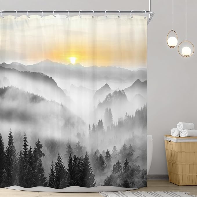 Riyidecor Misty Mountain Shower Curtain 60Wx72H Inch Sunrise Foggy Woodland Greenery Smokey Black Spring Scenery Tree Nature Pine Scenic Bathroom Decor Fabric Polyester Waterproof 12 Pack Hooks