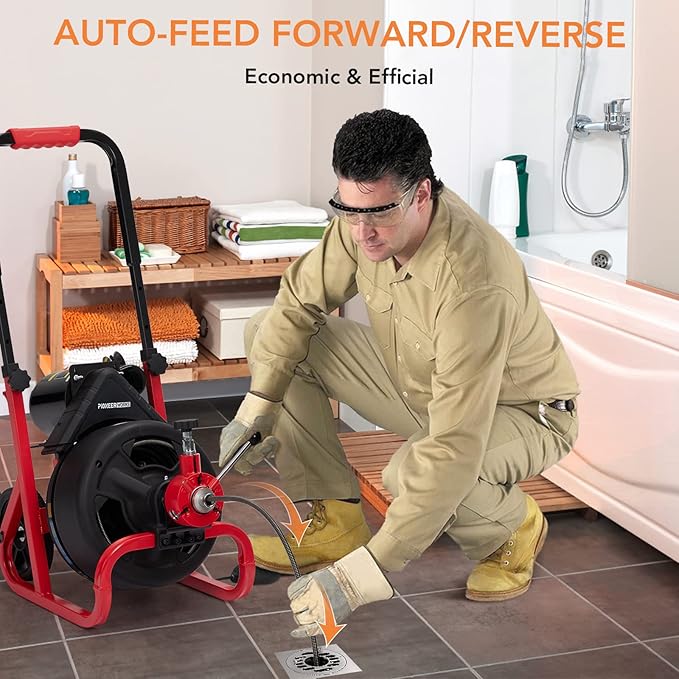 Heavy Duty Electric Drain Cleaner Machine, 100 Ft x 3/8 Inch Sewer Snake, 370w Auto-Feed, 6 Interchangeable Cutters, Gloves, Portable Pipe Cleaning Tool for 2-4 Inch Pipes