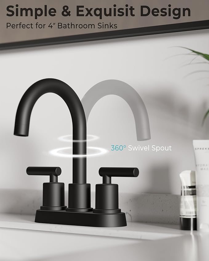 VXV Bathroom Sink Faucet 4 Inch 2 Handle Centerset Utility Lavatory Vanity Modern 360 Rotating Black Water Faucet with Pop-up Drain Stopper Assembly and Supply Lines Fits 2 Hole