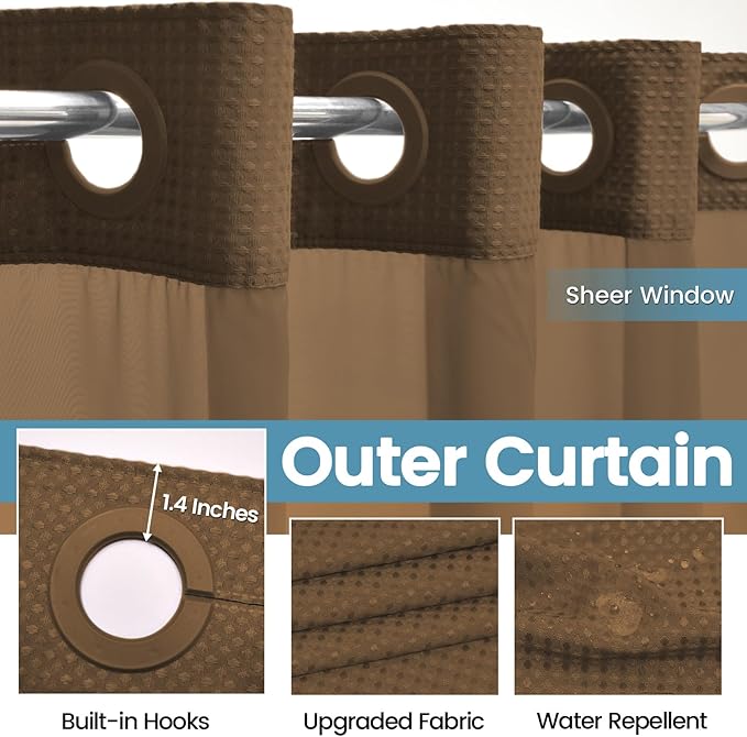 Brown No Hook Shower Curtain with Snap in Liner,230GSM Waffle Weave Shower Curtains for Bathroom,71W x 74H