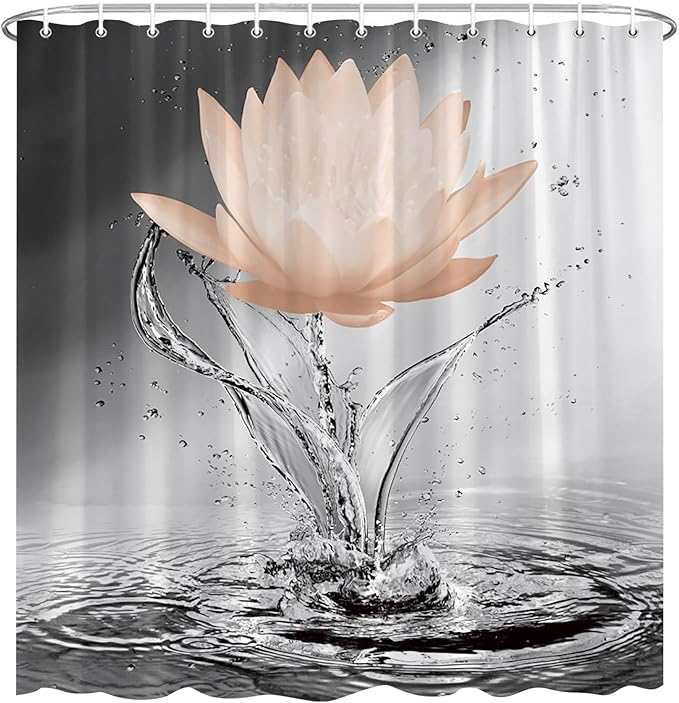 Lotus Shower Curtain Black White Grey Orange Flower Elegant Blooming Floral with Dew Spring Flower Reflection on Water Modern Romantic Polyester Fabric Bathroom Decor 70×84 Inch with Hook
