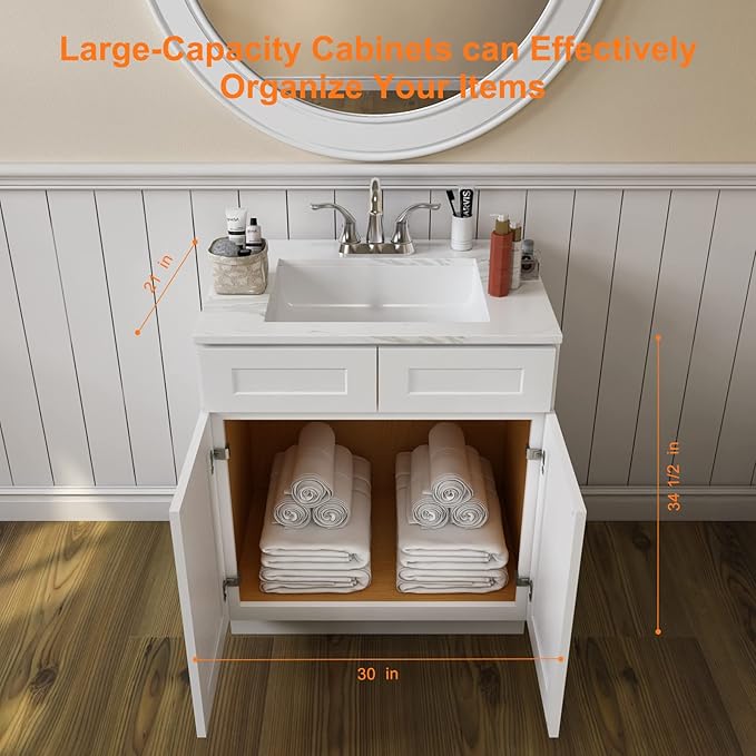 ROOMTEC Bathroom Cabinet, 30'' Free Standing Single Bathroom Vanity with 2 False Drawers and 2 Doors,Morden Bathroom Sink Vanity Storage Cabinet, Shaker White