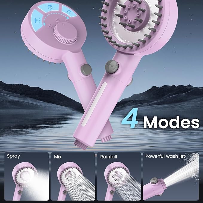 Filtered Shower Head with Handheld, High Pressure 4 Spray Mode Showerhead with Filters, Water Softener Beads for Hard Water with ON/OFF Switch for Pets - Remove Chlorine (Purple, 5 Inch Panel)