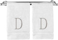 Monogrammed Hand Towel, Personalized Initial Gift, Extra Absorbent 100% Turkish Cotton - Soft Terry Finish - Set of 2 - Silver Block Initial D - Embroidered on White Towels