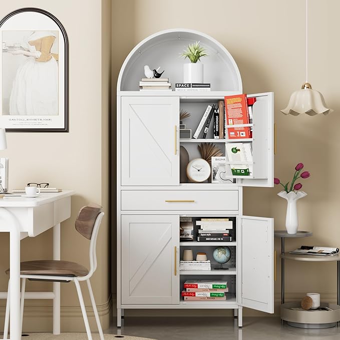 73” Kitchen Pantry Cabinet with 1 Drawer, Arched Storage Cabinet with Doors and Adjustable Shelves, Tall Freestanding Cupboard for Kitchen,Living Room, Bathroom, White