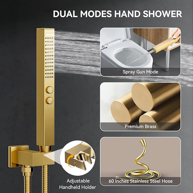 Brushed Gold Shower System with Body Jets, Bostingner 4 Way Shower Faucet Set with 2 in1 Handheld,Ceiling Mount 10 Inch Shower Head with 6 Inch Shower Head,4Pcs Body Jets With Dual Head Shower Set