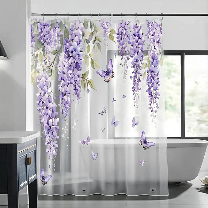 Clear Purple Floral Lavender Butterfly Shower Curtain, Plastic Transparent Cute Pretty Flower Decorative Aesthetic Shower Curtains for Bathroom, 72x72 Weighted Magnetic Shower Curtain Liner with Hooks