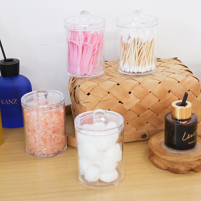 4 Pack Acrylic Qtip Holder Dispenser,Bathroom Canisters Apothecary Jar Set, Vanity Makeup Storage Organizer Set, 10 and 12 oz