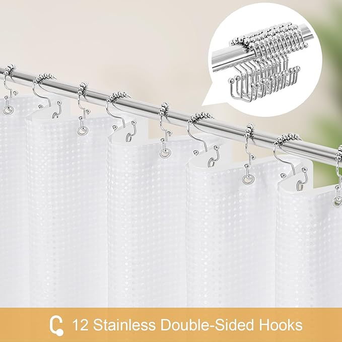 3 in 1 Stall Half Size Shower Curtain Set-36W x 72 H, White Waffle Waterproof Fabric and PEVA Liner Set with Stainless Steel Hooks