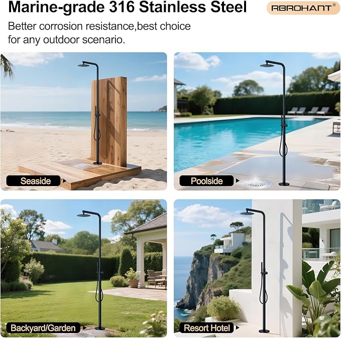 RBROHANT Freestanding Outdoor Shower Black, 316 Marine Grade Stainless Steel Beach Shower, Free Standing Hot and Cold Water Pool Shower with 10’’ Rain Shower Head and Wand, Matte Black, Floor Mounted