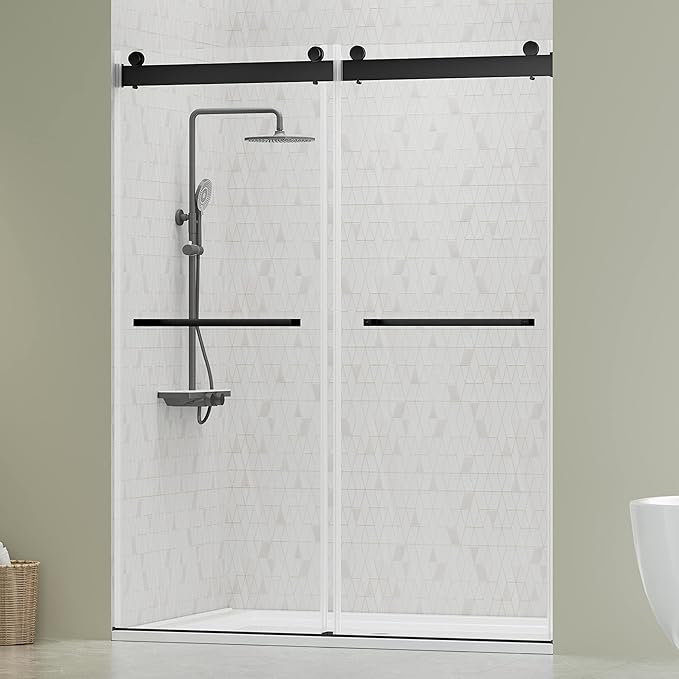 DELAVIN 56"-60"W x 75"H Frameless Shower Door, Double Sliding Shower Door, 5/16"(8mm) Clear Tempered Glass, Noiseless Shatterproof Shower Door with Square Rail, Stainless Steel, Aluminum, Matte Black