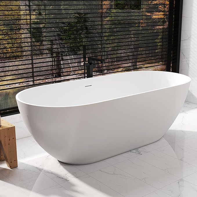 63 Inch Solid Surface Freestanding Bathtub, Oval Shaped Soaking Stone Resin Bath Tub with Brushed Overflow and Drain, Matte White Stand Alone Bathtub, cUPC Certified