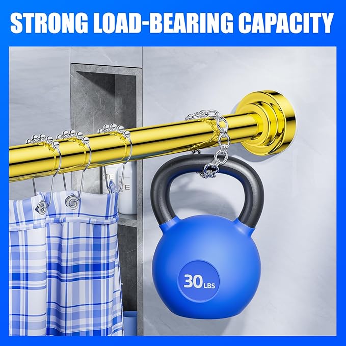 Ausemku Shower Curtain Rod - 32-104 Inch Rustproof Tension Rod, Non-Slip Spring Design, No Drilling Adjustable Curtain Rod for Bathroom, Kitchen, and Closet（Gold）