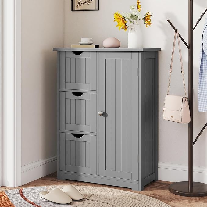 Tangkula Bathroom Floor Cabinet, Freestanding Storage Cabinet with 3 Drawers & Single Door, Adjustable Shelf, Multipurpose Bathroom Storage for Home Office, 23.5 x 12 x 32 Inches (3 Drawers, Grey)