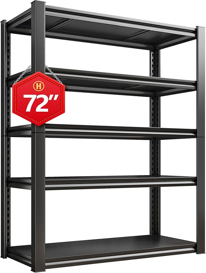 Raybee Storage Shelves, 72" H Garage Shelving, 5-Tier Adjustable Garage Shelves, 2000LBS Metal Shelving for Basement, Garage, Warehouse, Pantry, 72" H x 31.5" W x 16.5" D, Black