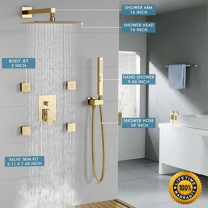 Shower System Brushed Gold Shower Faucets Sets, Bostingner 10" Rain Shower Head with 2 In 1 Handheld Spray and 4 Body Jets, Wall Mounted All Metal 3 Way Shower Set with Rough-in Valve and Trim Kit